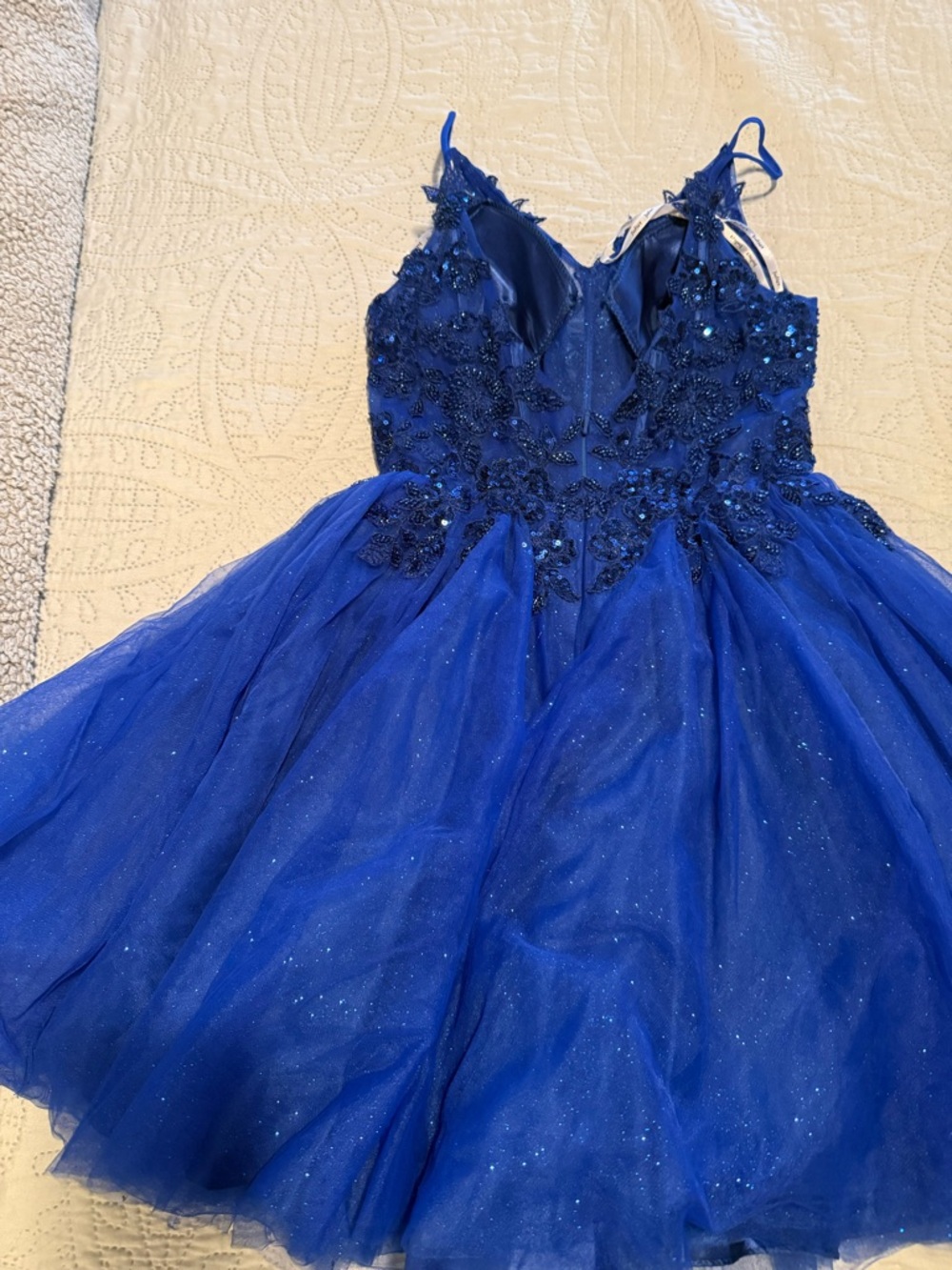 Royal Blue Beaded Tulle Midi Dress with Spaghetti Straps - Picture 2 of 3